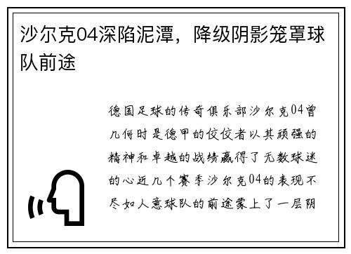 沙尔克04深陷泥潭，降级阴影笼罩球队前途